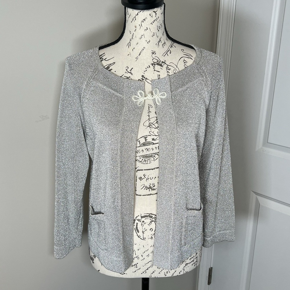 Talbots Linen Blend Light Brown Silver Metallic Open-Front Sweater M Knot‎ Frog